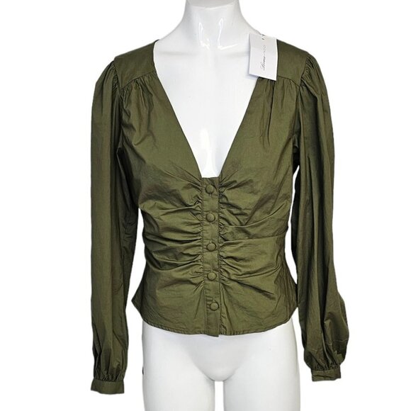 Lovers & Friends Button Front V-Neck Puff Sleeve Top Green Size Small - Picture 1 of 9